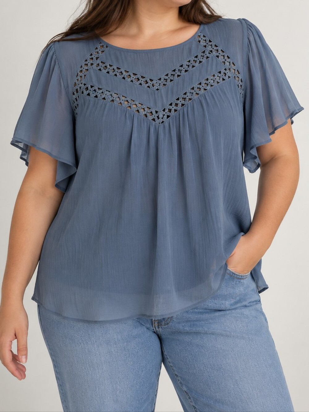 Penningtons Dusty Blue Crochet Lace Flutter Sleeve Blouse 3X